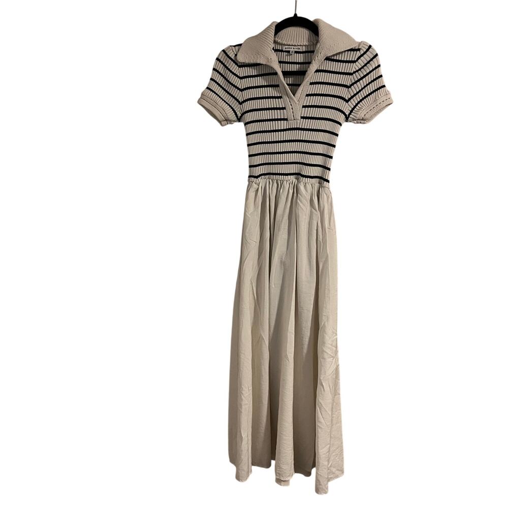 Moon River Sweater Dress Stripe Maxi Short Sleeve Collared XS Contrast Skirt